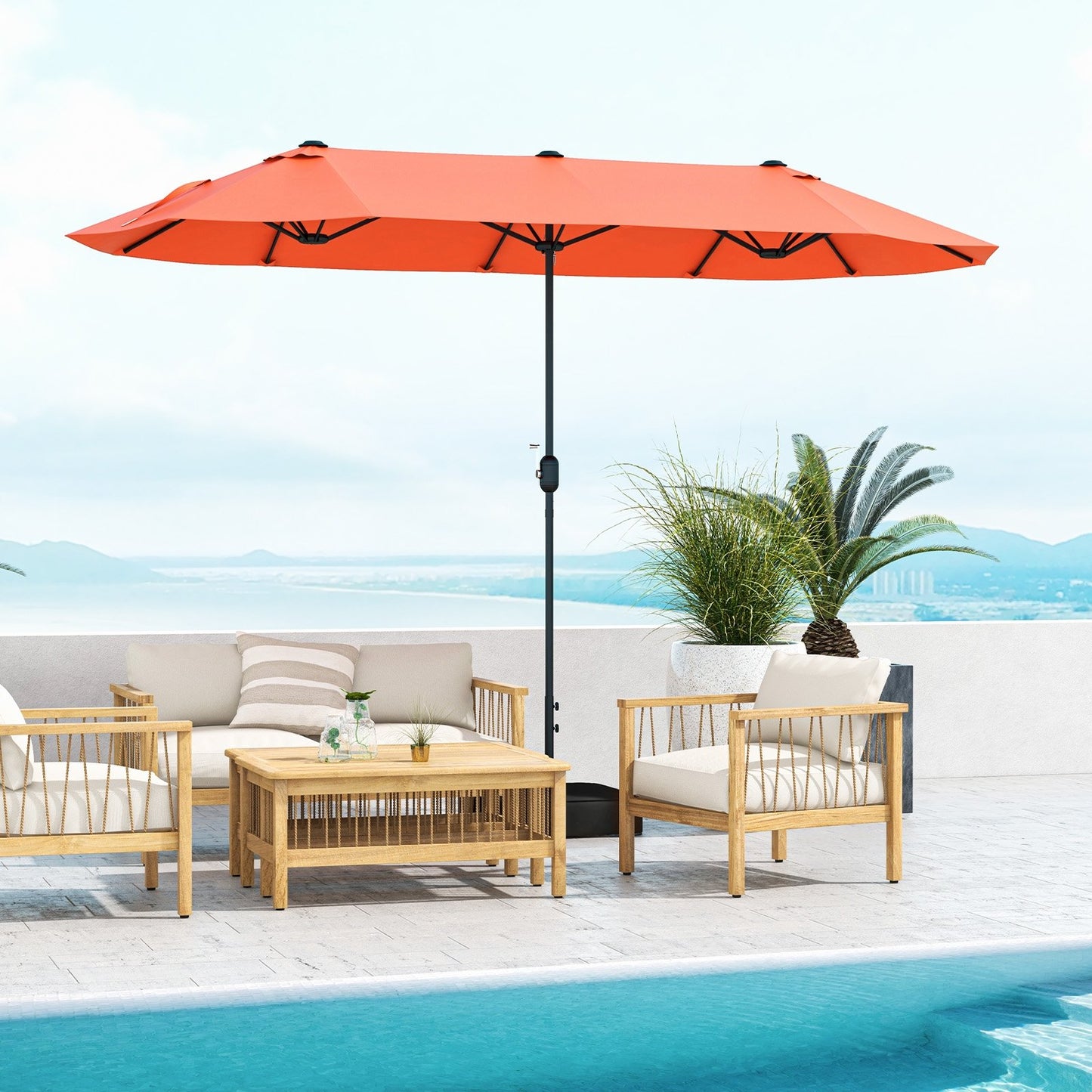13 Feet Double-Sided Patio Twin Table Umbrella with Crank Handle-Beige
