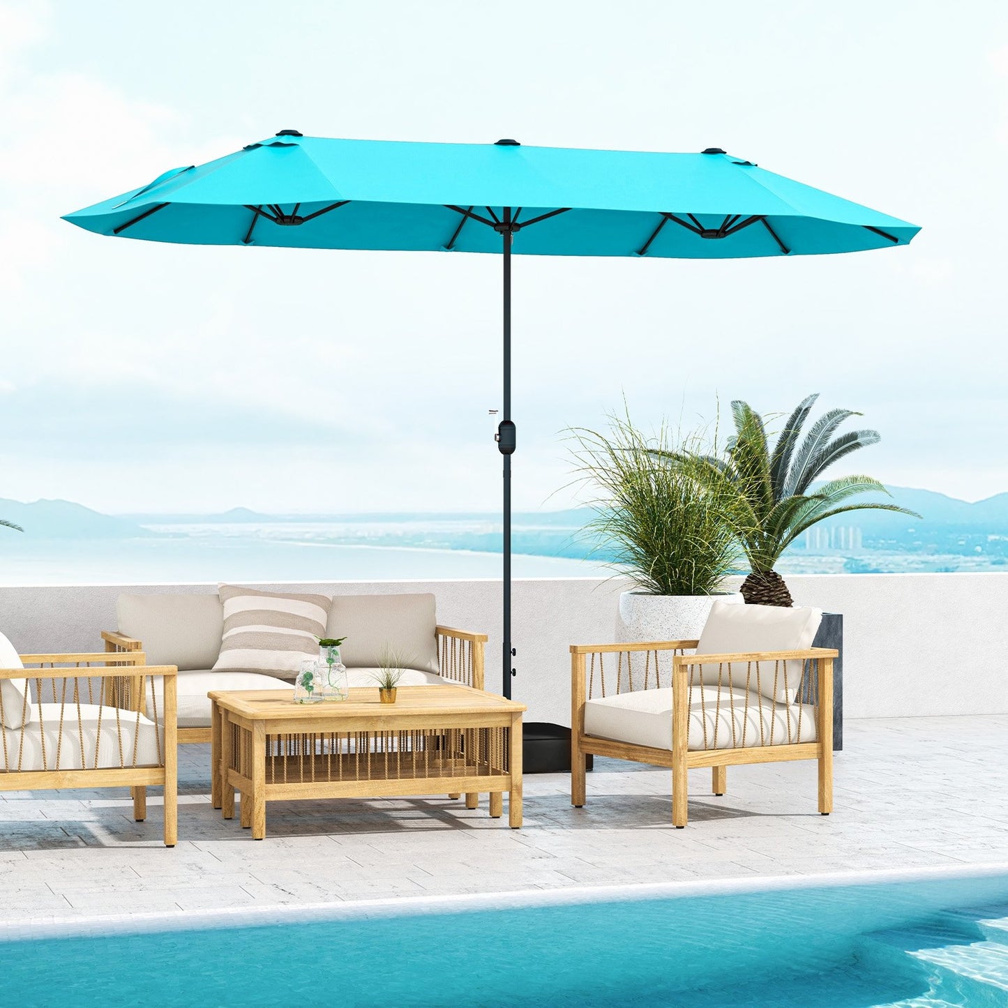 13 Feet Double-Sided Patio Twin Table Umbrella with Crank Handle-Beige