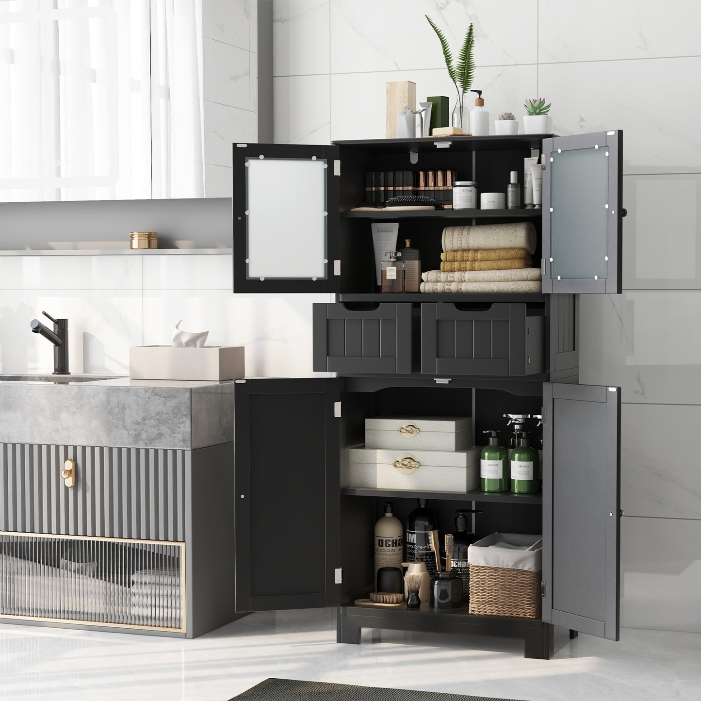4 Door Freestanding Bathroom Floor Storage Cabinet with 2 Drawers and Glass Doors-Black
