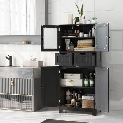 4 Door Freestanding Bathroom Floor Storage Cabinet with 2 Drawers and Glass Doors-Black