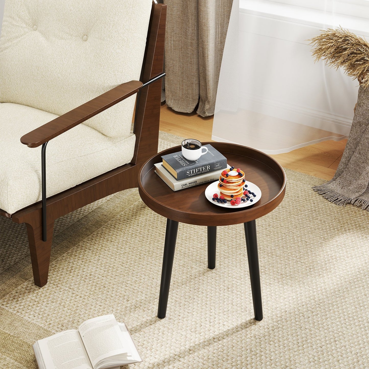 Mid Century Modern Round Side Sofa Coffee Table with Wooden Tray-Brown