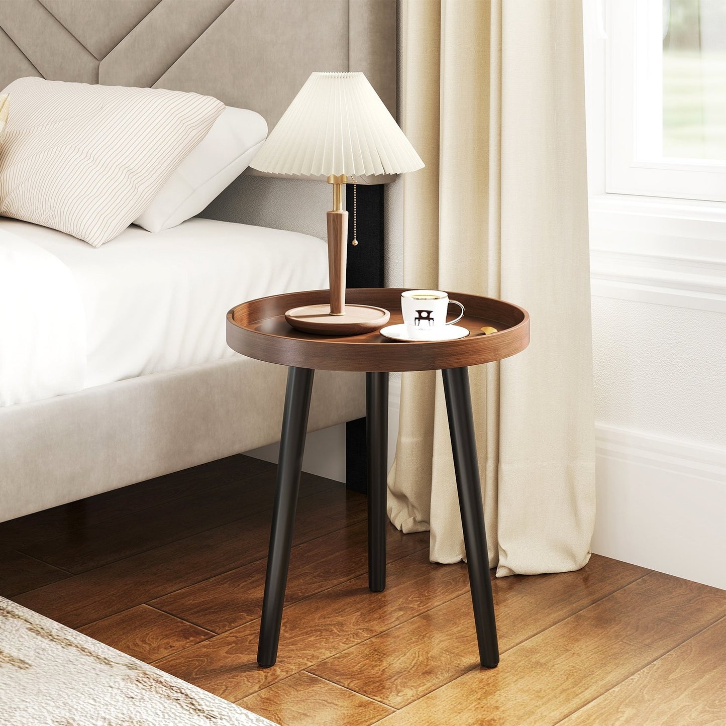 Mid Century Modern Round Side Sofa Coffee Table with Wooden Tray-Brown
