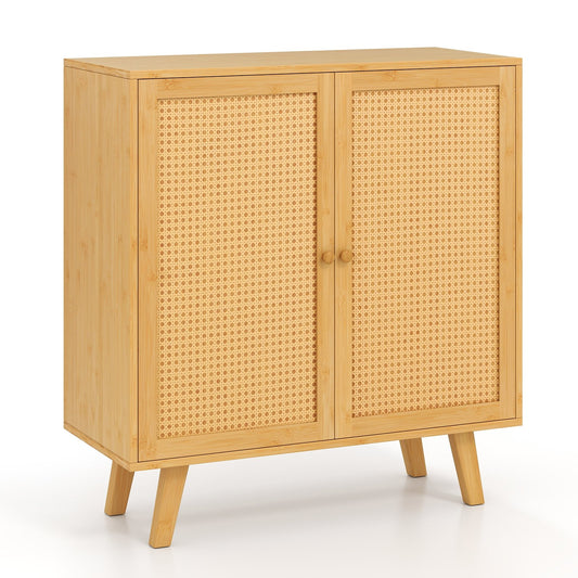 Bamboo Buffet Storage Cabinet with PE Rattan Doors and Freestanding Kitchen Cupboard-Natural