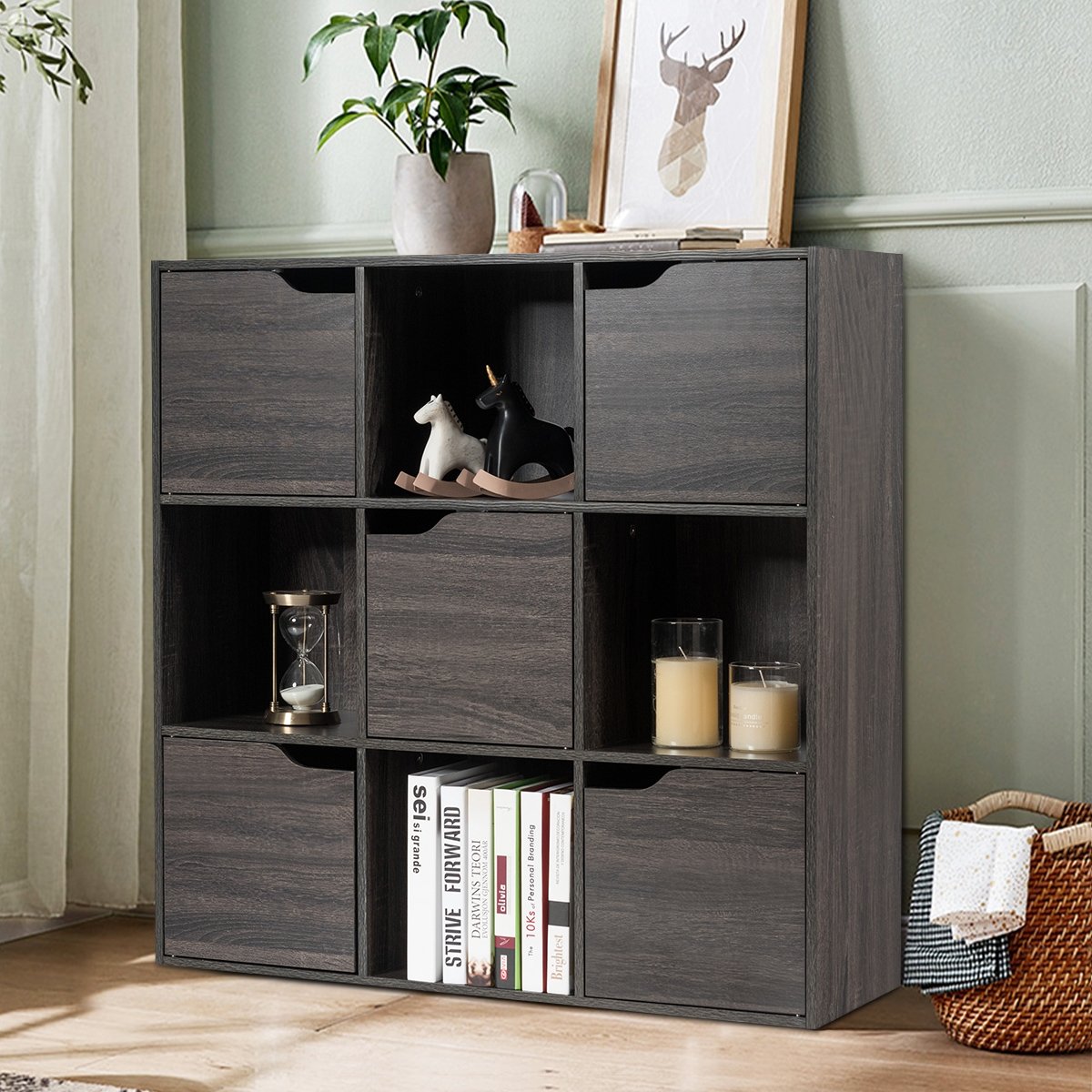 9-Cube Wooden Freestanding Bookcase for Home and Office-Gray