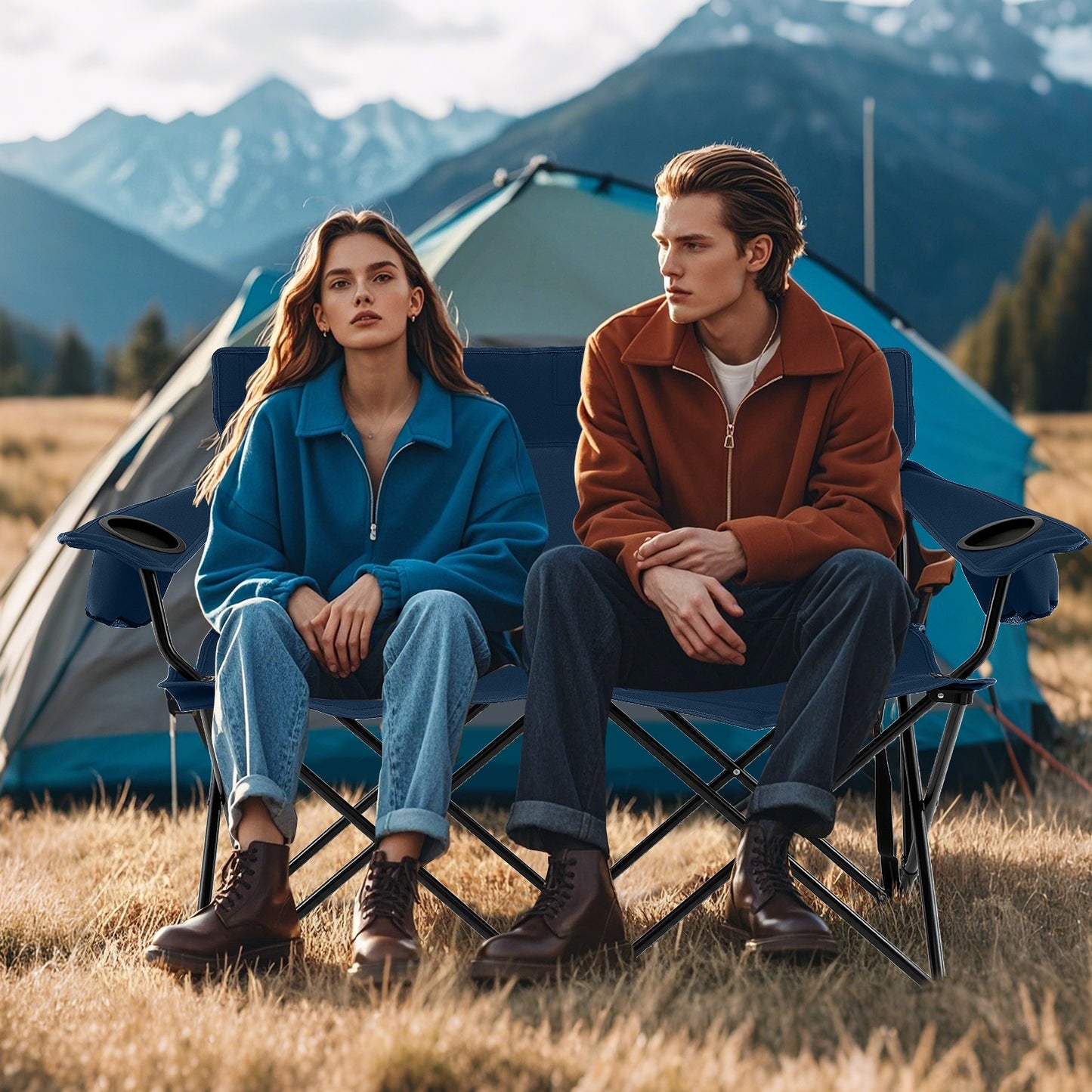 Double Camping Chair 2-Person Outdoor Folding Loveseat with Cup Holders-Black