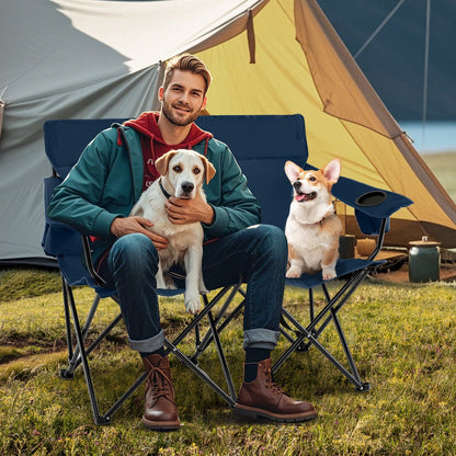 Double Camping Chair 2-Person Outdoor Folding Loveseat with Cup Holders-Black
