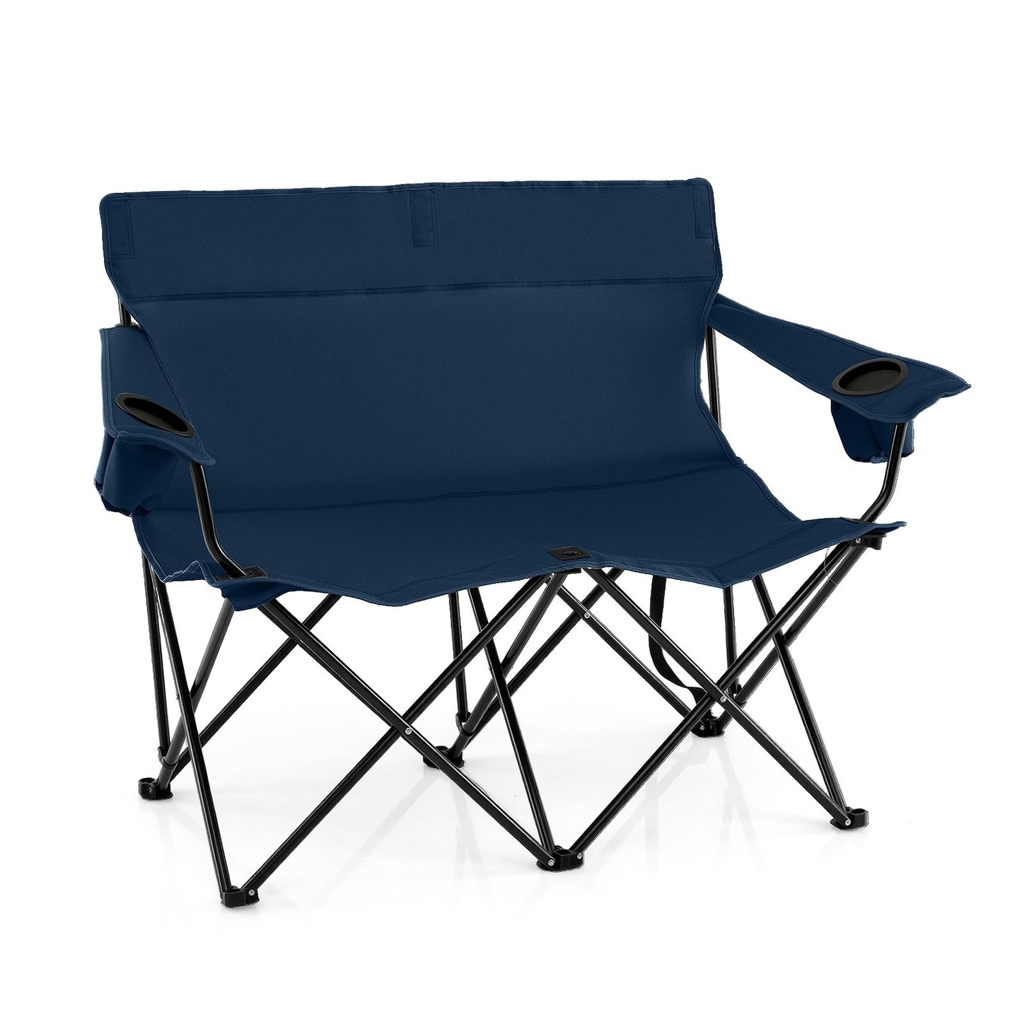 Double Camping Chair 2-Person Outdoor Folding Loveseat with Cup Holders-Black