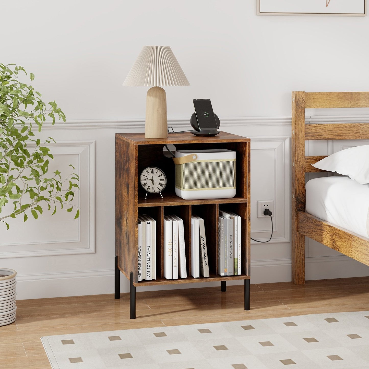 Record Player Stand with Record Storage Shelf and Charging Station-Black