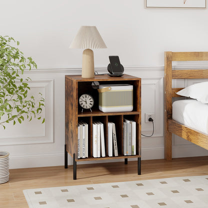 Record Player Stand with Record Storage Shelf and Charging Station-Black
