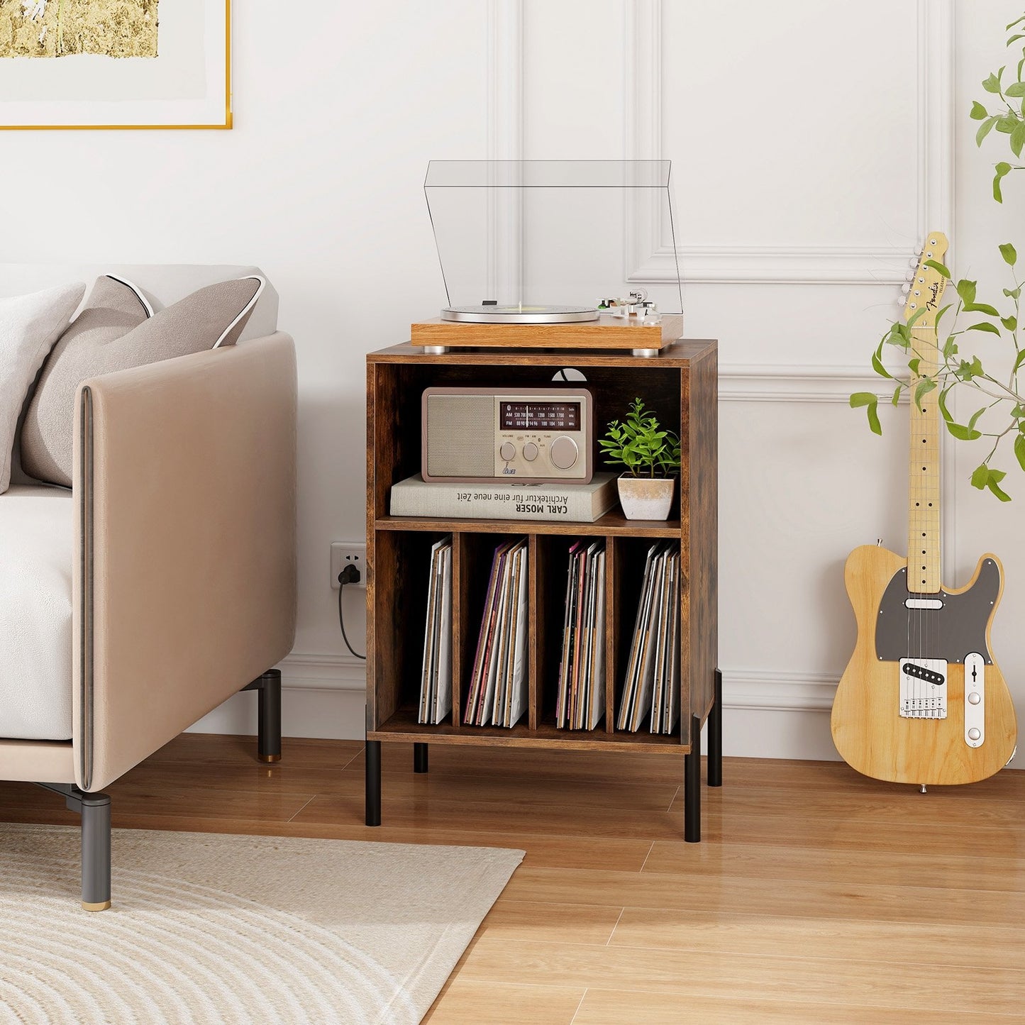 Record Player Stand with Record Storage Shelf and Charging Station-Black