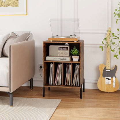 Record Player Stand with Record Storage Shelf and Charging Station-Black