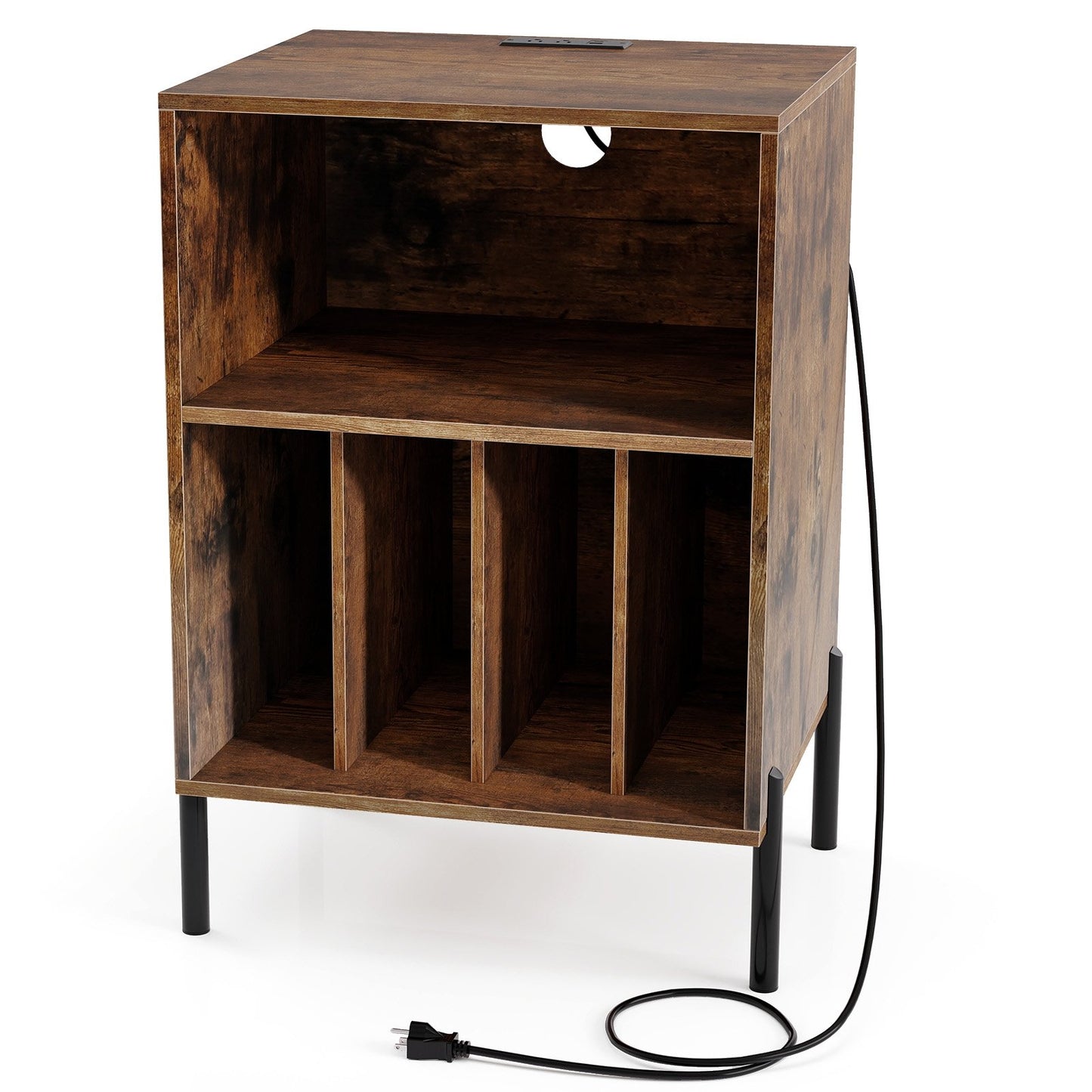 Record Player Stand with Record Storage Shelf and Charging Station-Black