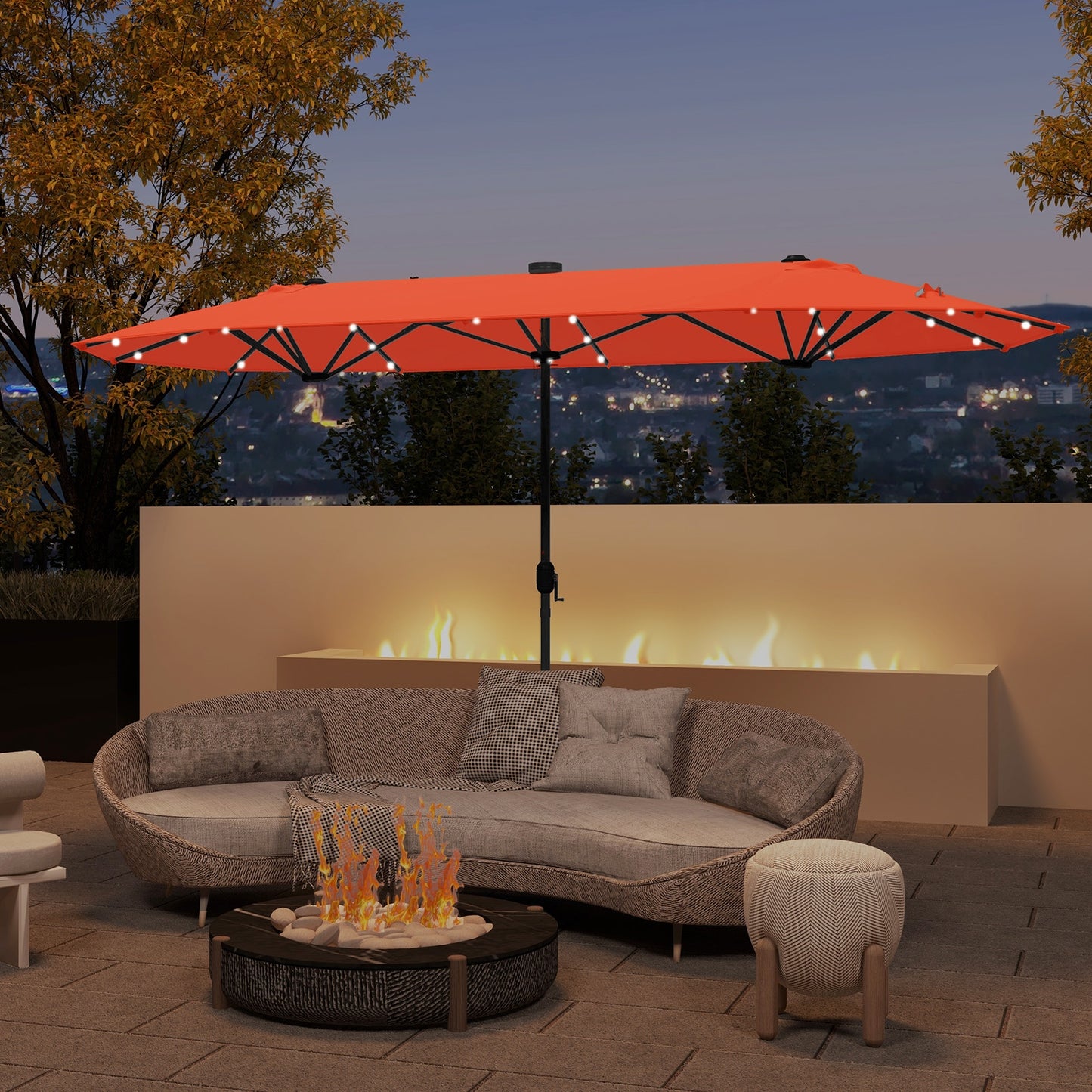 13FT Double-sided Patio Umbrella with Solar Lights for Garden Pool Backyard-Beige