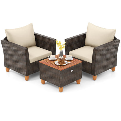 3 Pieces Patio PE Wicker Furniture Set with Cushions and Acacia Wood Storage Coffee Table-Beige