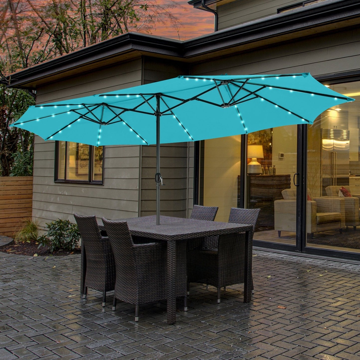 15 Feet Twin Patio Umbrella with 48 Solar LED Lights-Beige