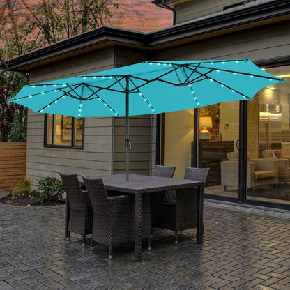 15 Feet Twin Patio Umbrella with 48 Solar LED Lights-Beige