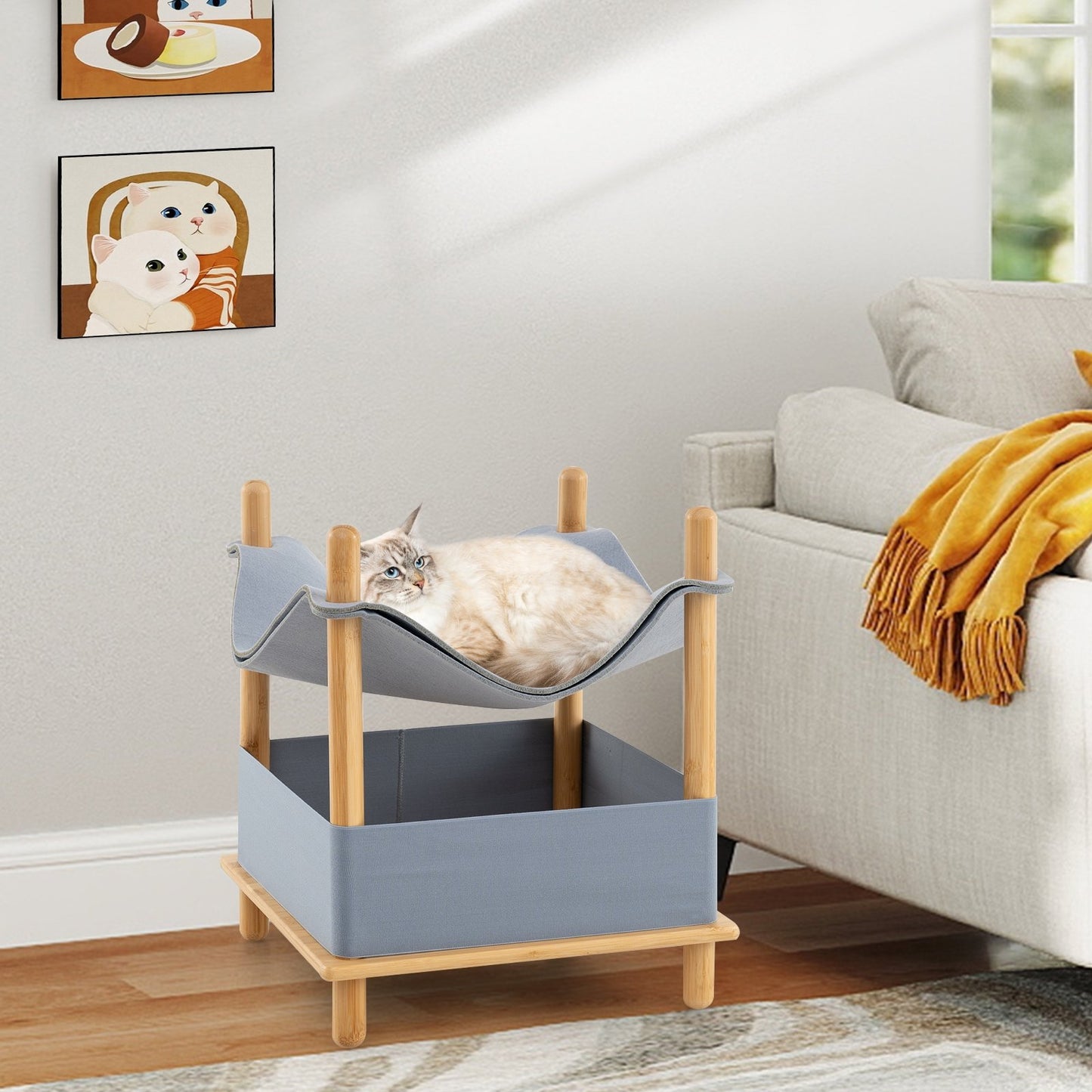 2-Tier Wooden Cat House with Semi-enclosed Condo and Removable Clothes-Gray