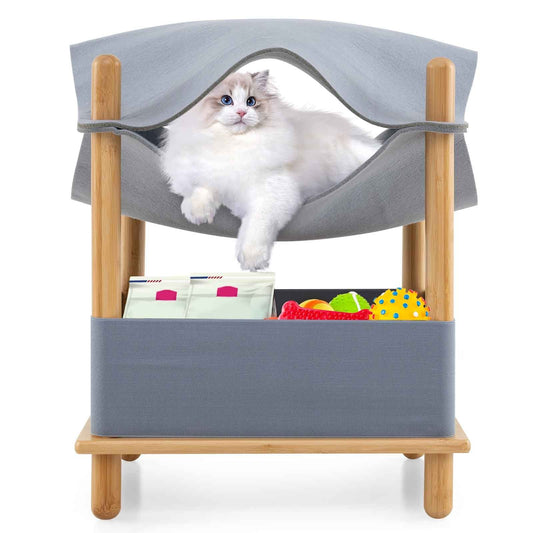 2-Tier Wooden Cat House with Semi-enclosed Condo and Removable Clothes-Gray