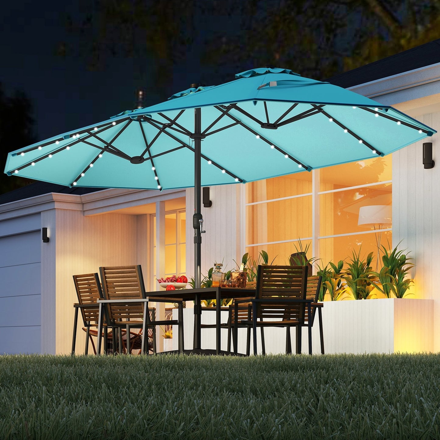 15 Feet Double-Sided Patio Umbrella with 48 LED Lights-Beige