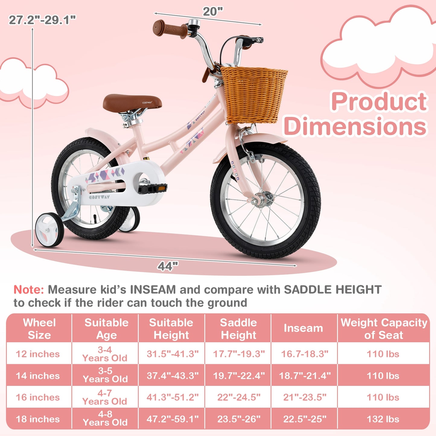 14 Inch Kids Bike Retro Bicycle with Adjustable Height and Basket for Ages 3-5 Years Old-