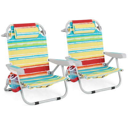 Foldable Backpack Beach Chair with Cup Holder and Storage Pockets Set of 2-Blue