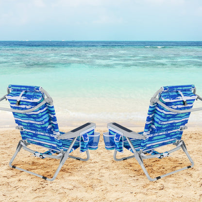 Foldable Backpack Beach Chair with Cup Holder and Storage Pockets Set of 2-Blue