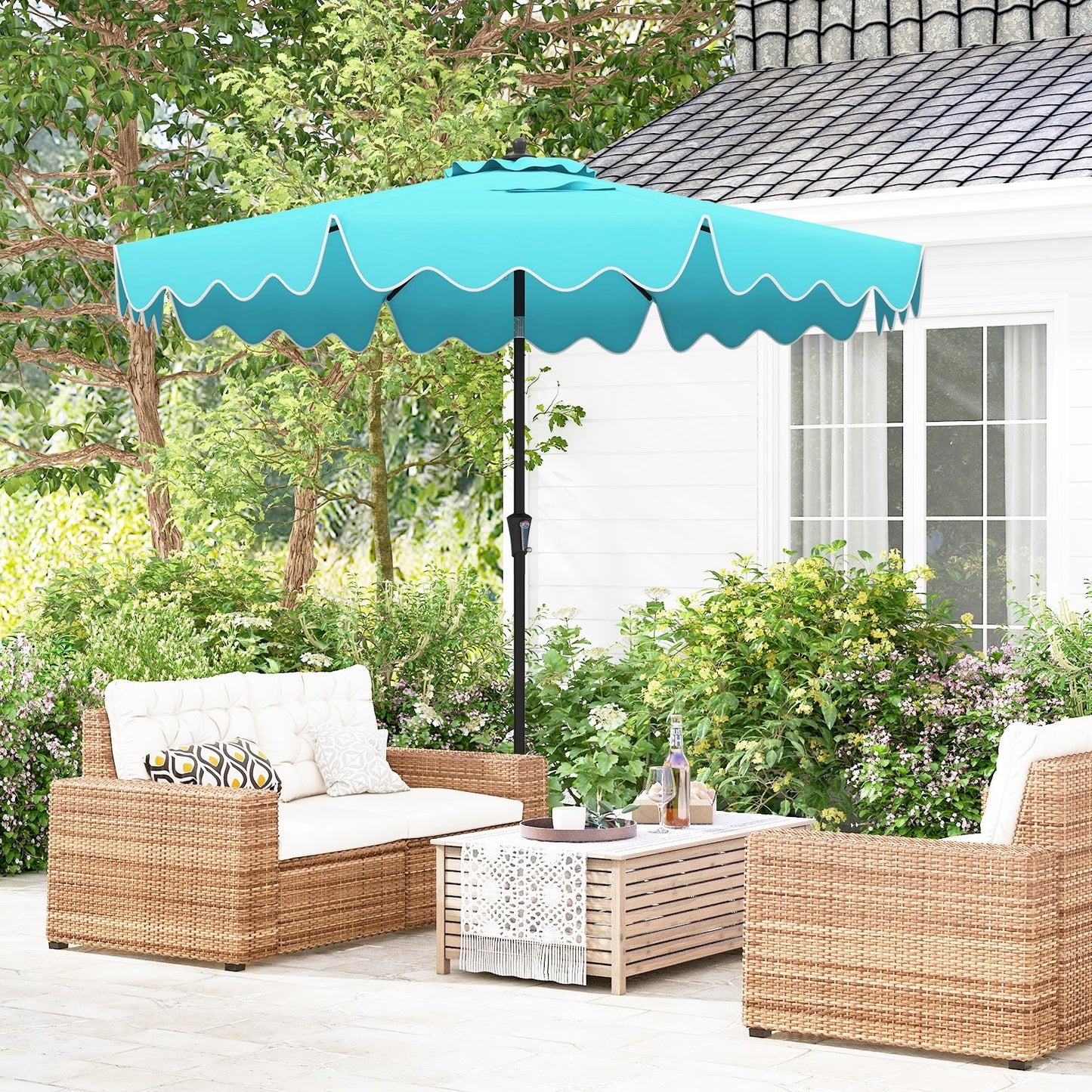 9 Feet Patio Umbrella with Crank Handle and Push Button Tilt-Beige