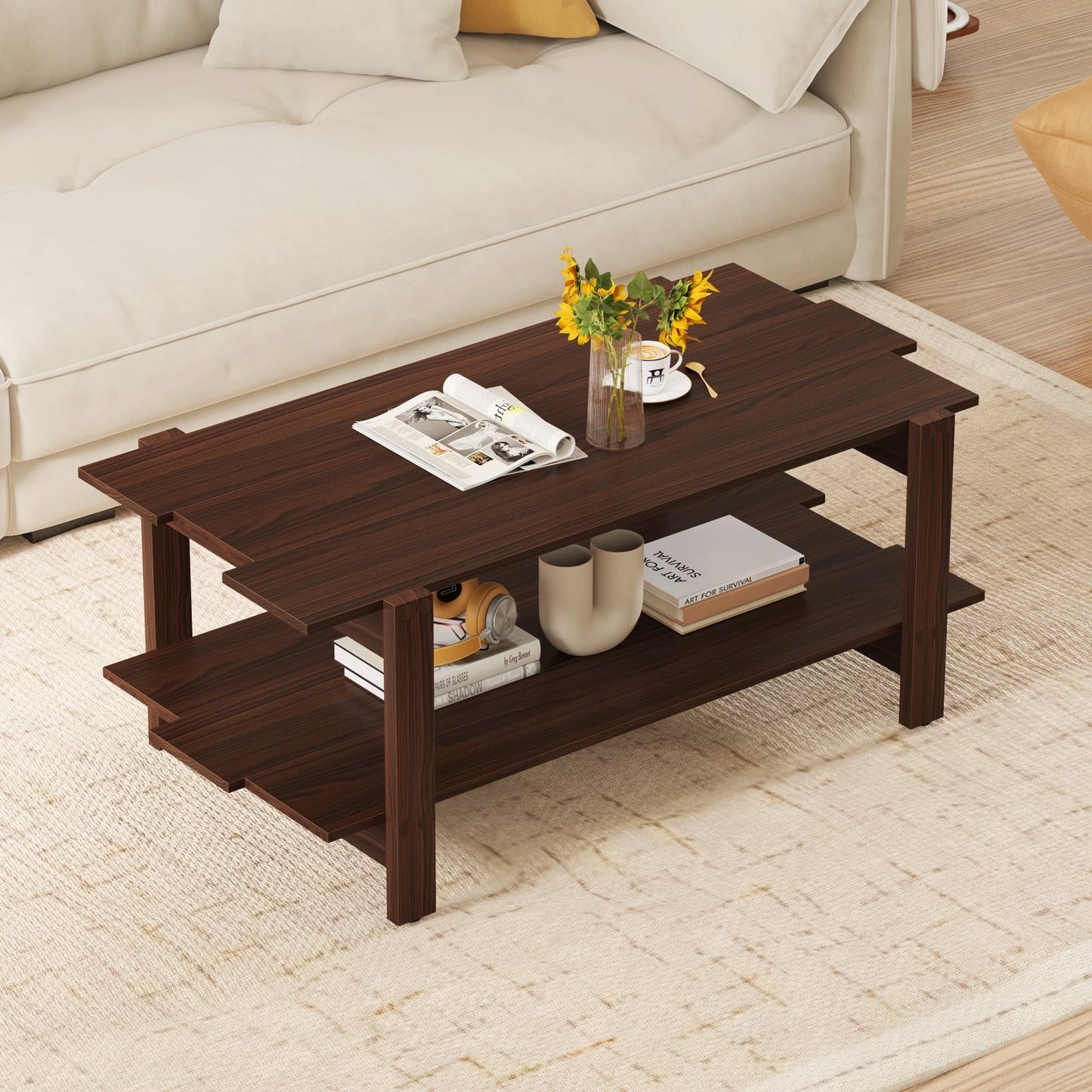 2-Tier Coffee Table Slatted Wood Center Table with Storage Shelf-Black
