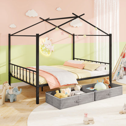 Full Size Metal House Bed with 2 Fabric Drawers for Kids-Black