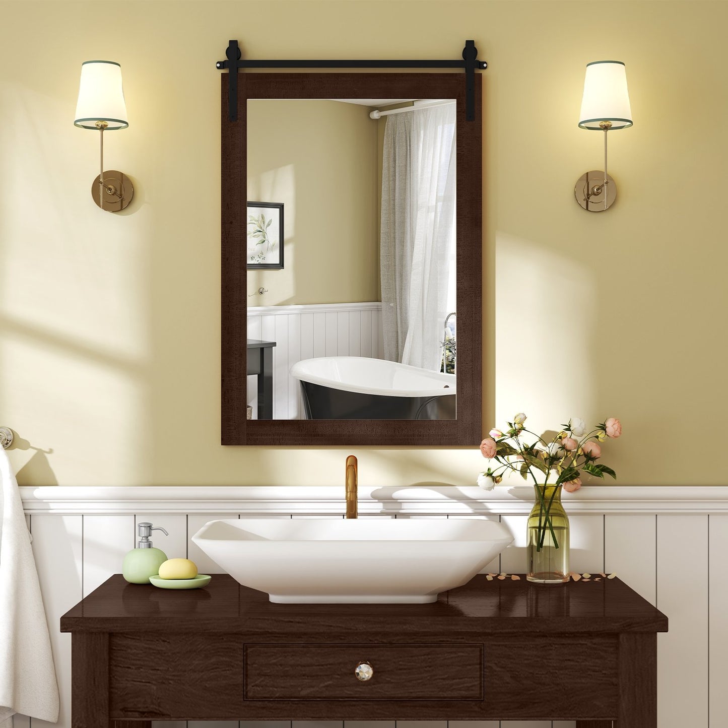 Rustic Wood Frame Barn Door Style Farmhouse Wall Mirror-Black