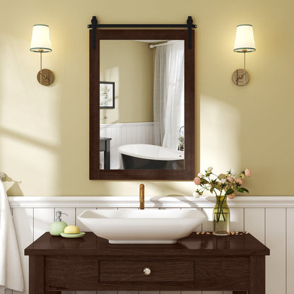 Rustic Wood Frame Barn Door Style Farmhouse Wall Mirror-Black