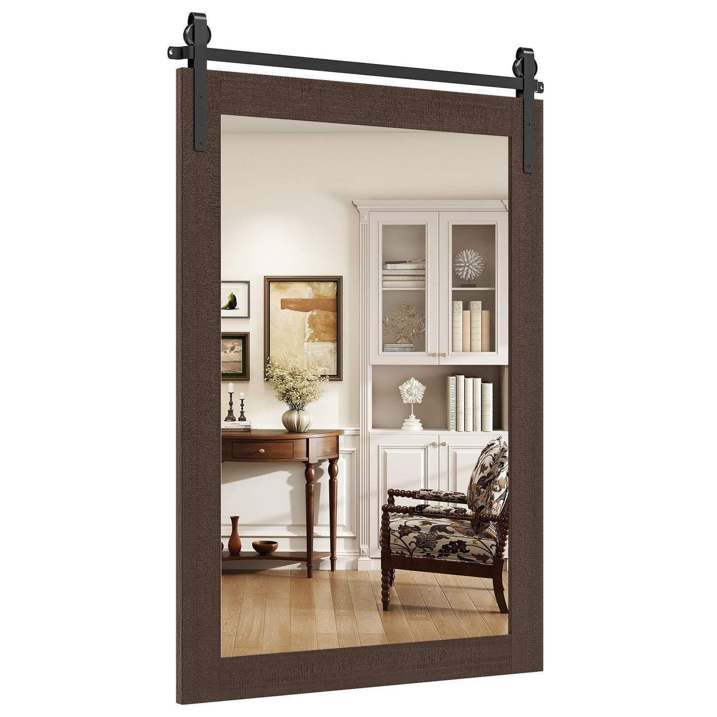 Rustic Wood Frame Barn Door Style Farmhouse Wall Mirror-Black
