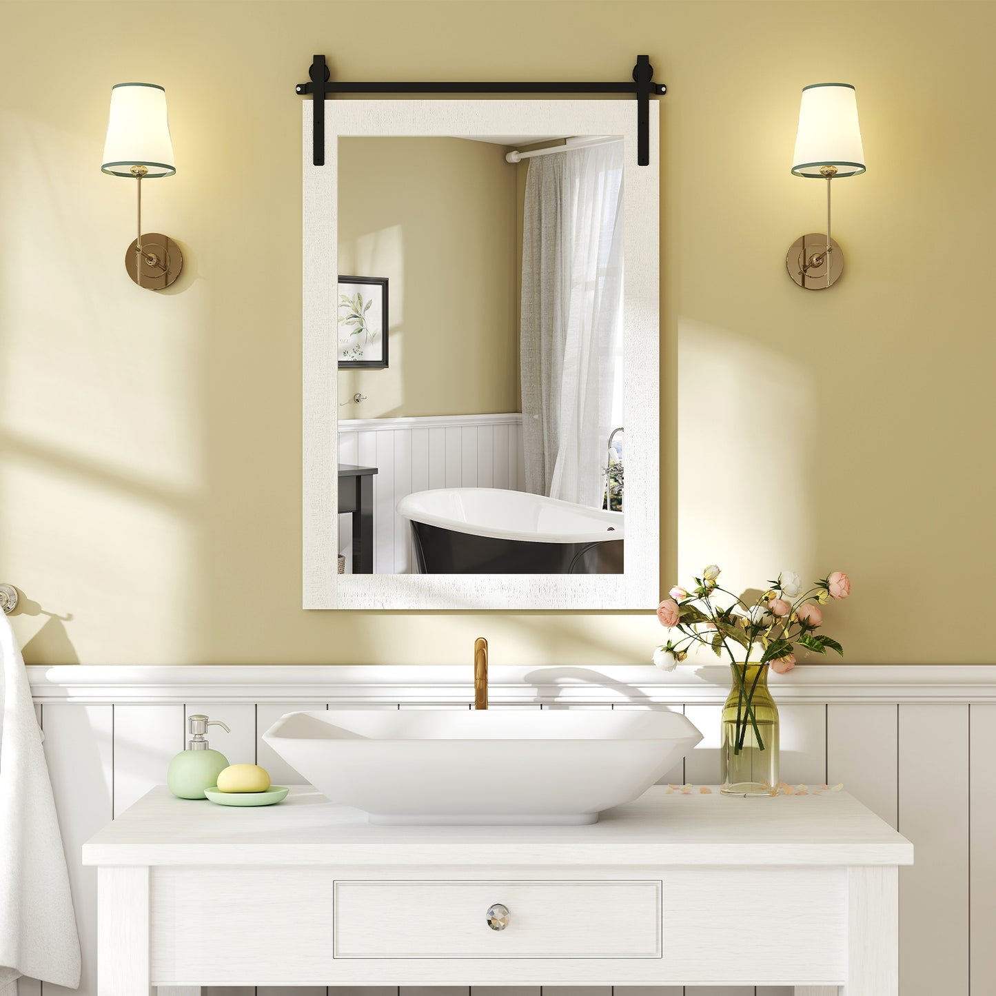 Rustic Wood Frame Barn Door Style Farmhouse Wall Mirror-Black