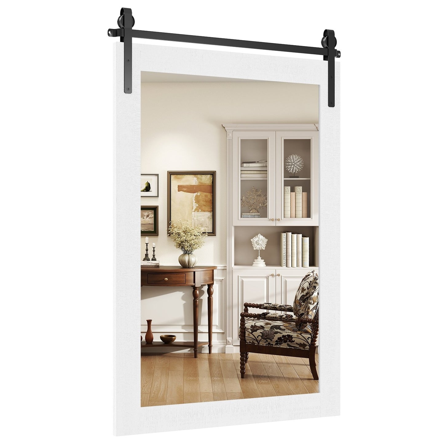 Rustic Wood Frame Barn Door Style Farmhouse Wall Mirror-Black