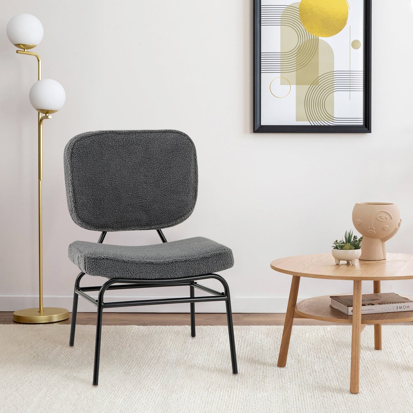 Upholstered Accent Chair Sherpa Reading Chair with Sponge Padding-Beige