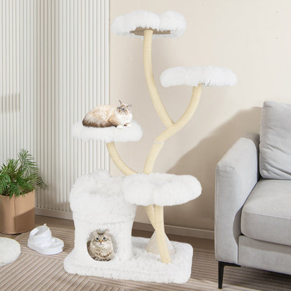 Freestanding Cat Tower with four Flower-shaped Platforms and Sisal Scratching Posts-Gray