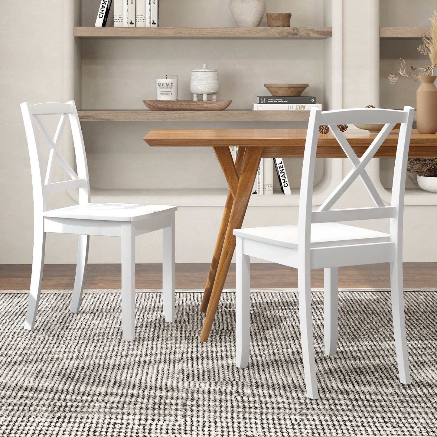 Wood Dining Chair Set of 2 with Rubber Wood Legs and Curved Backrest-Black