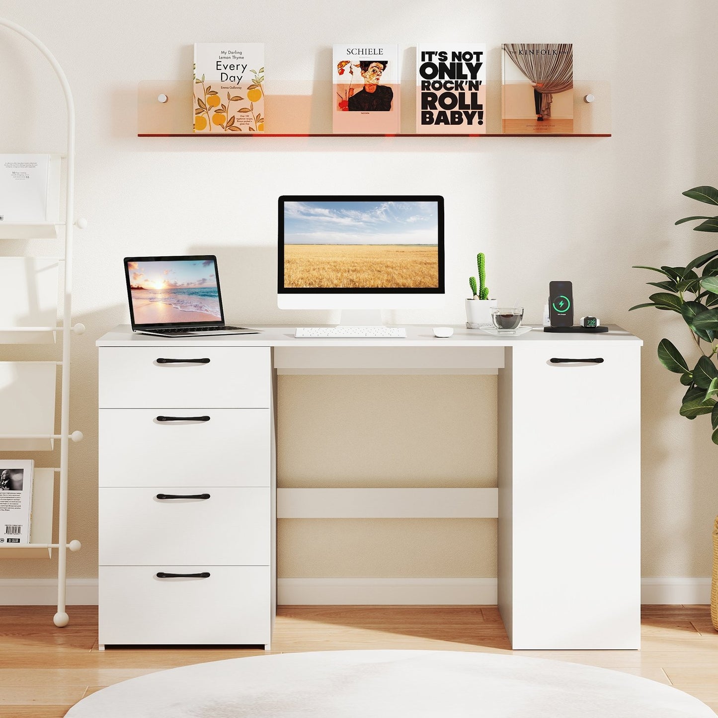53 Inches Computer Desk with Power Outlets and 4 Storage Drawers-Gray