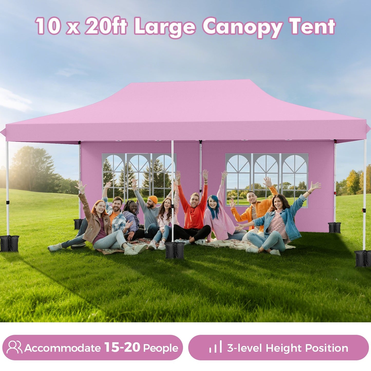10 x 20 FT Pop up Canopy with 6 Sidewalls and Windows and Carrying Bag for Party Wedding Picnic-Black