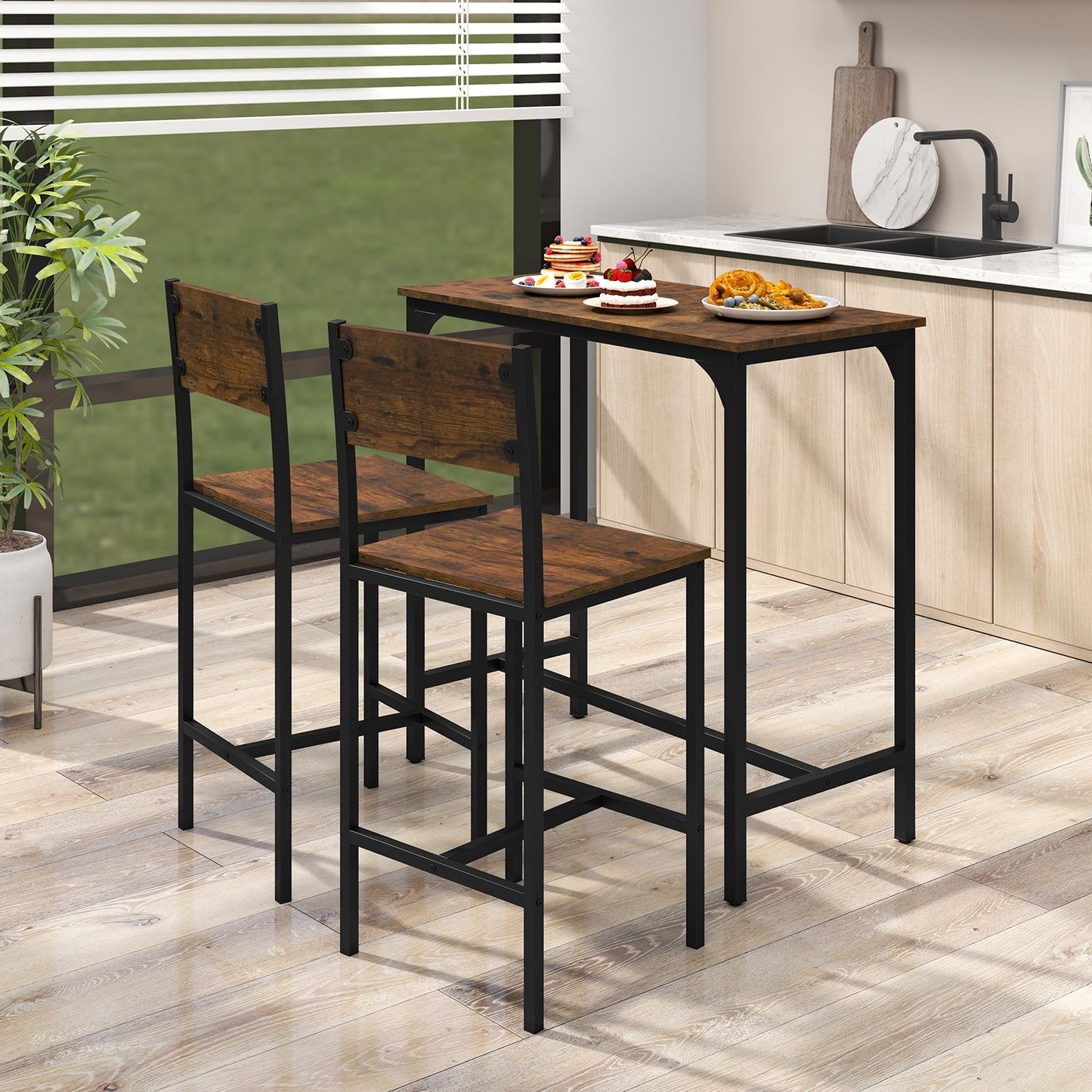 3 Piece Bar Table Set with Backrest and Footrest for Small Space-Gray
