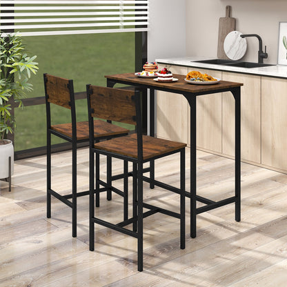 3 Piece Bar Table Set with Backrest and Footrest for Small Space-Gray