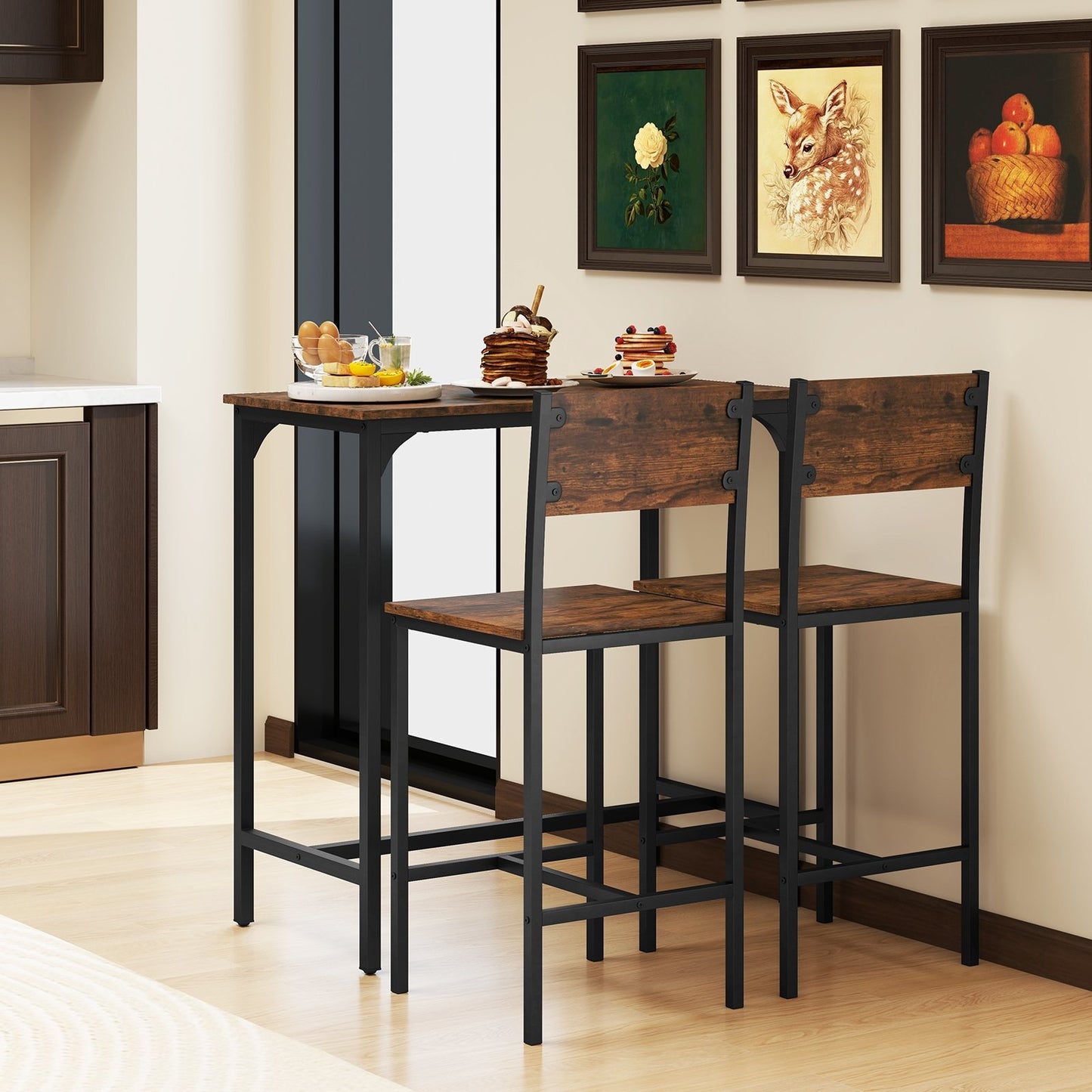 3 Piece Bar Table Set with Backrest and Footrest for Small Space-Gray