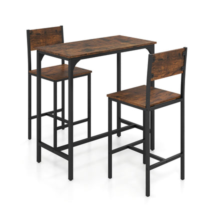 3 Piece Bar Table Set with Backrest and Footrest for Small Space-Gray