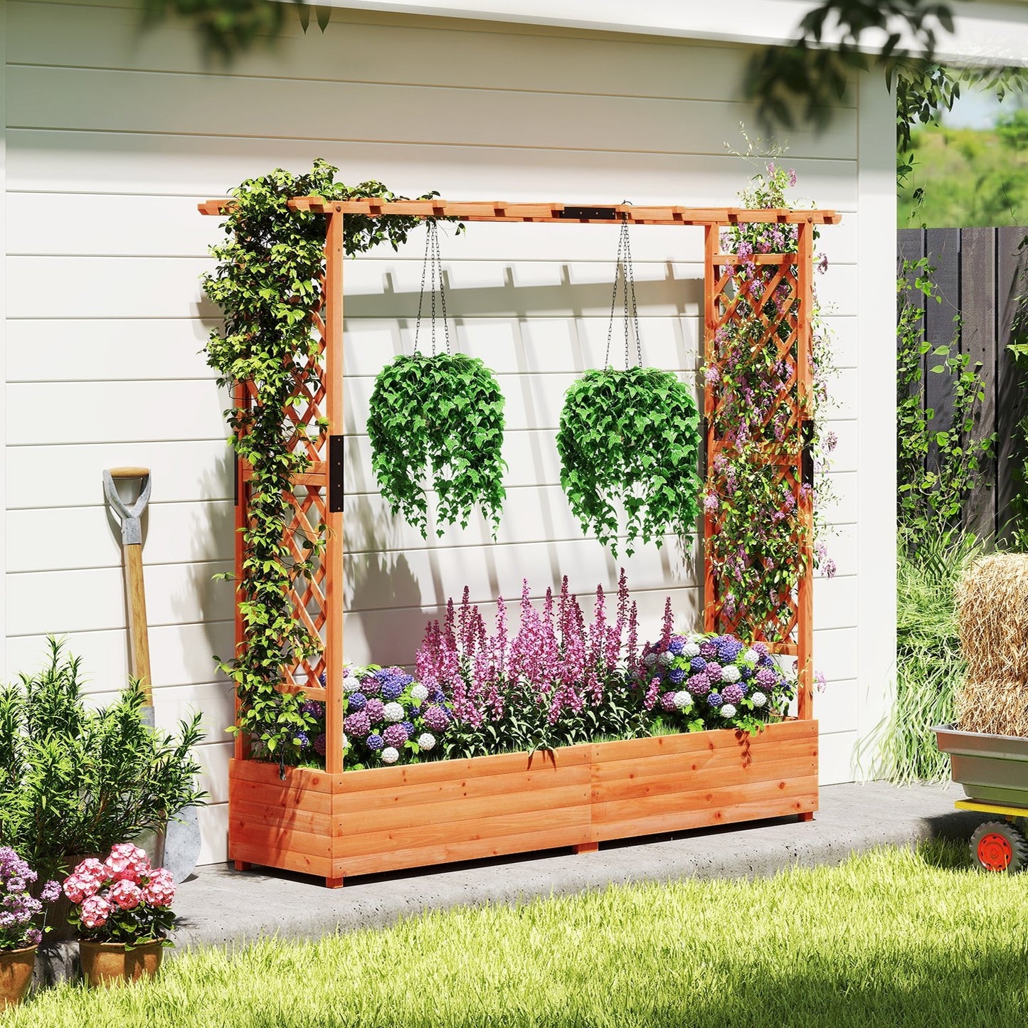 Raised Garden Bed with Arch Trellis and Hanging Roof-Orange