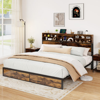Full/King Size Bed Frame with Storage Headboard Industrial Metal Platform Bed-Full Size
