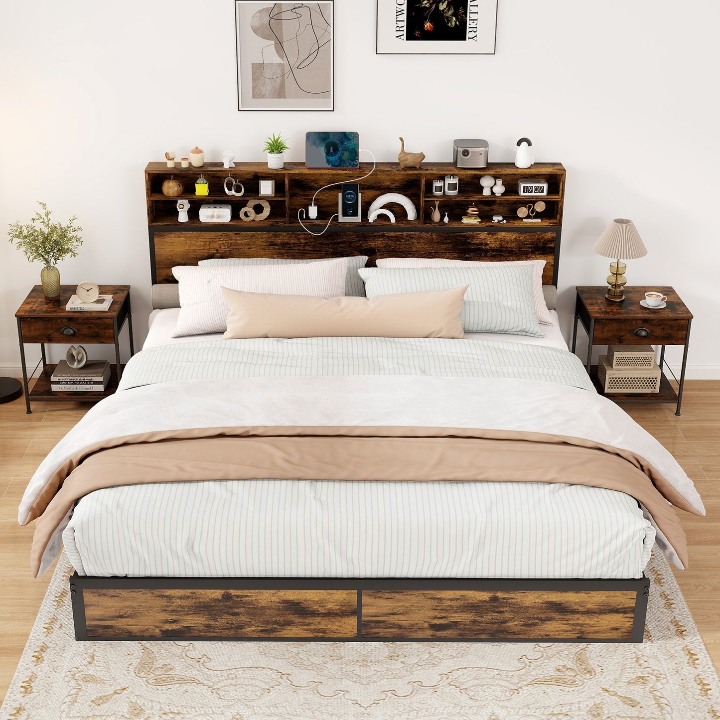 Twin/Full/Queen/King Size Bed Frame with Storage Headboard Industrial Metal Platform Bed-Queen Size