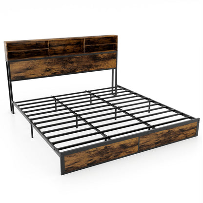 Full/King Size Bed Frame with Storage Headboard Industrial Metal Platform Bed-Full Size