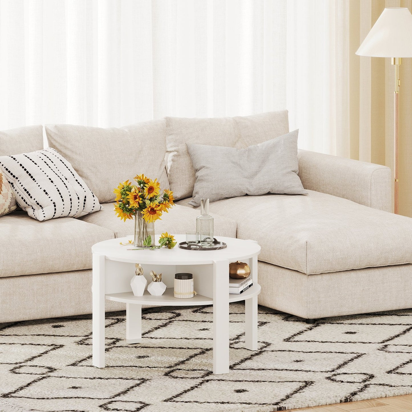 29.5 Inch Round Coffee Table with Storage Shelves for Small Space-Rustic Brown