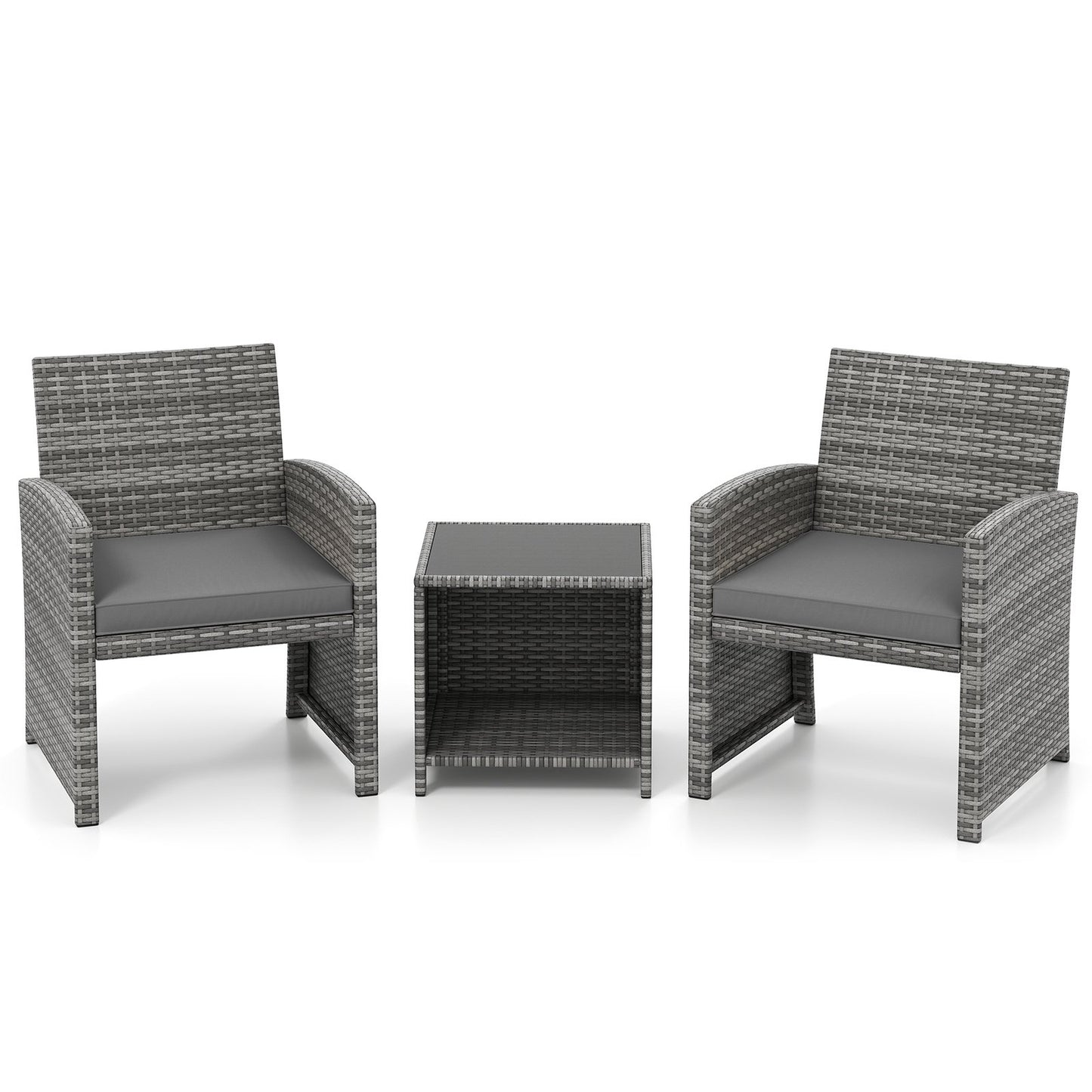 3 Pieces Patio Furniture Set with Tempered Glass Coffee Table and Soft Seat Cushions-Black