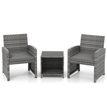 3 Pieces Patio Furniture Set with Tempered Glass Coffee Table and Soft Seat Cushions-Black